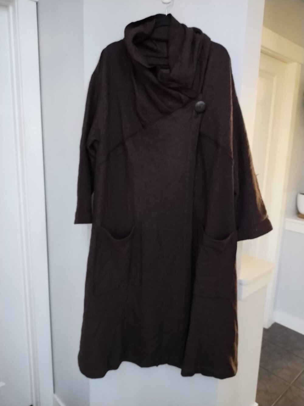 Animale wool blend long coat with pockets and cowl neck